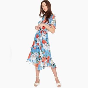 PARKER Reina Maritime Blue Floral Silk Midi Dress S M